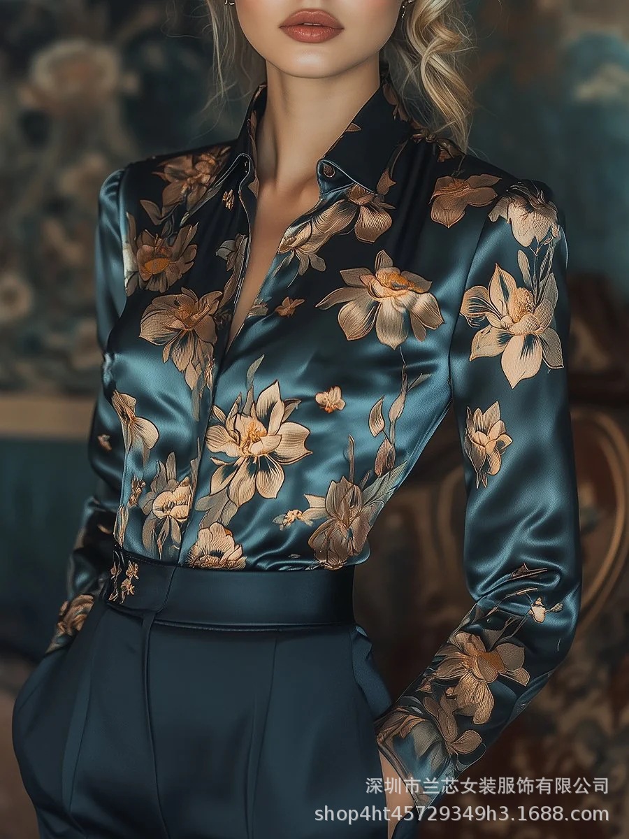 [Standard Code] Golden Lotus Print Shirt Spring and Summer Lapel Style Satin Slim Long Sleeve Professional Shirt