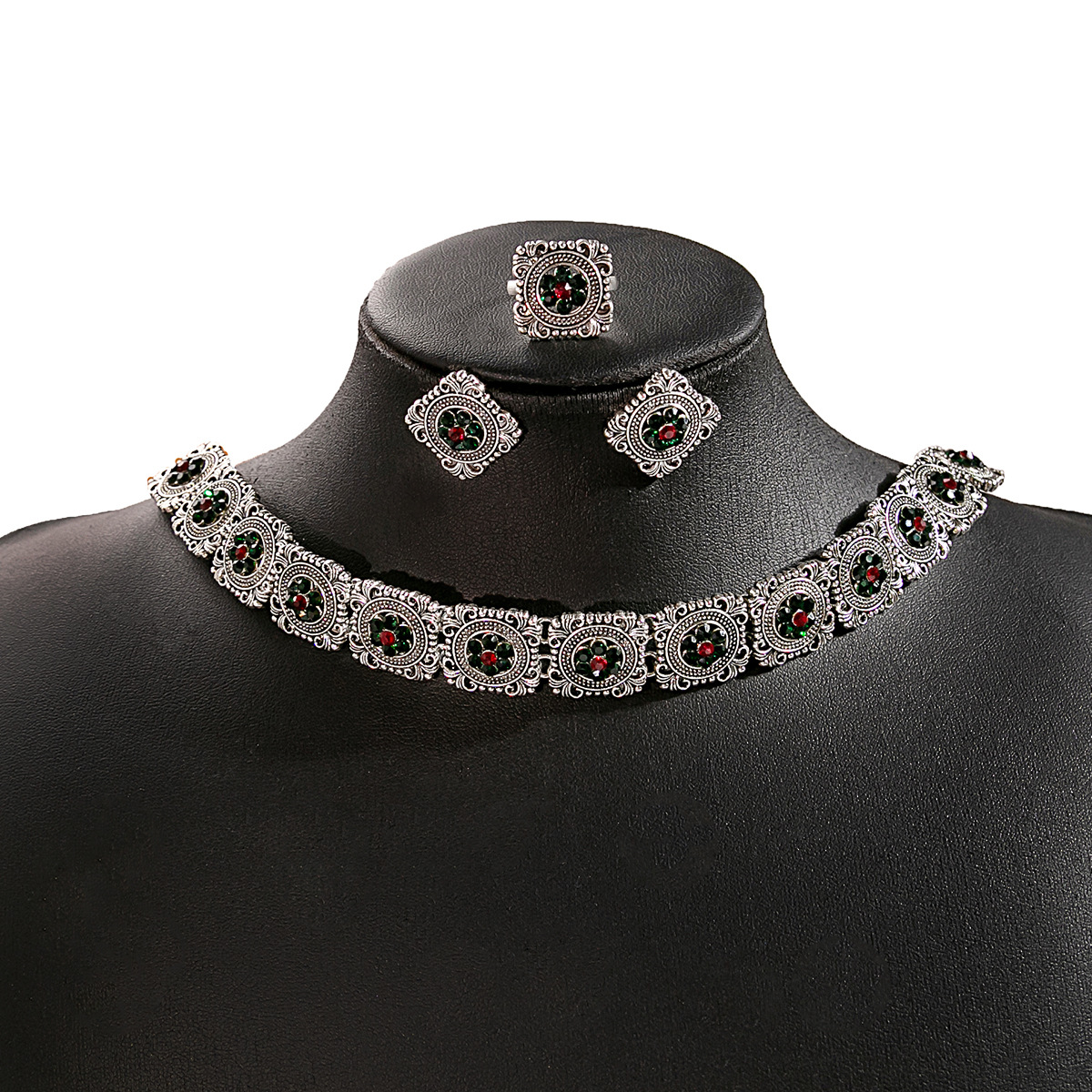 Picture of European and American Luxury Flower Jewelry suit Retro Tassel Round Gem Necklace Geometric Water Drops Square Earrings for Women