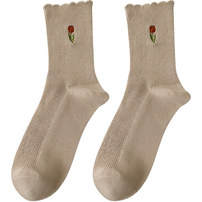 Mid-Calf Socks for Women, Autumn Pure Cotton Lace Embroidered Socks, Melard Tulip Versatile Slouch Socks Wholesale