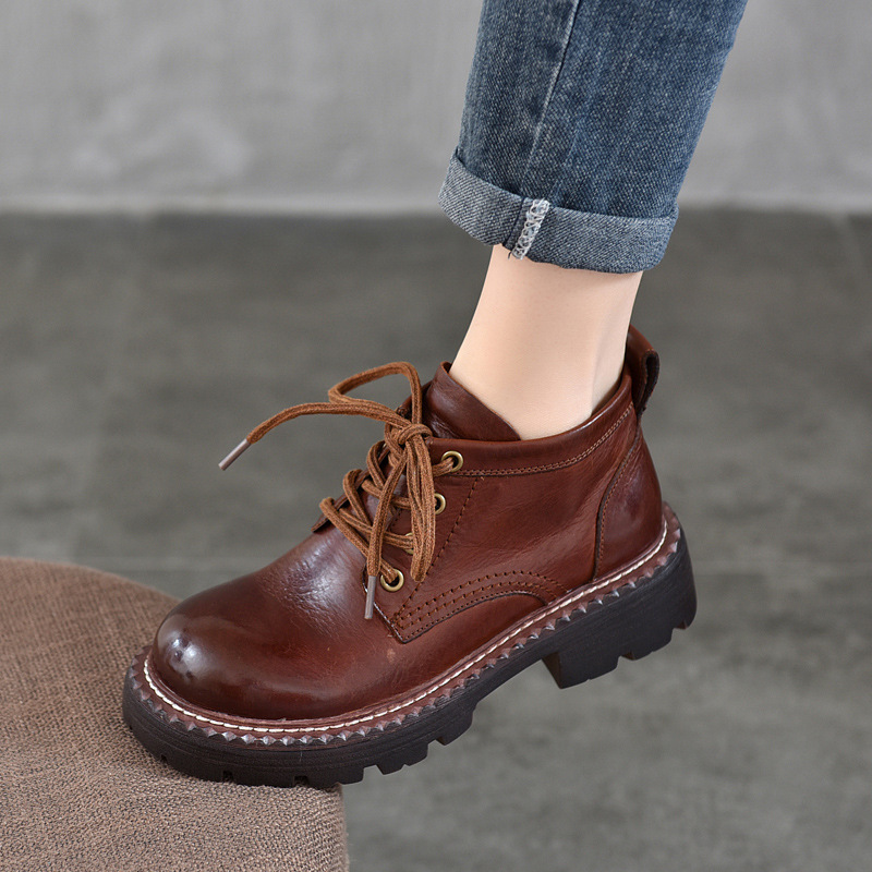 Washed Cowhide Retro Round Toe Rubbed Short Boots with Thick Heel Thick Sole Martin Boots for Women
