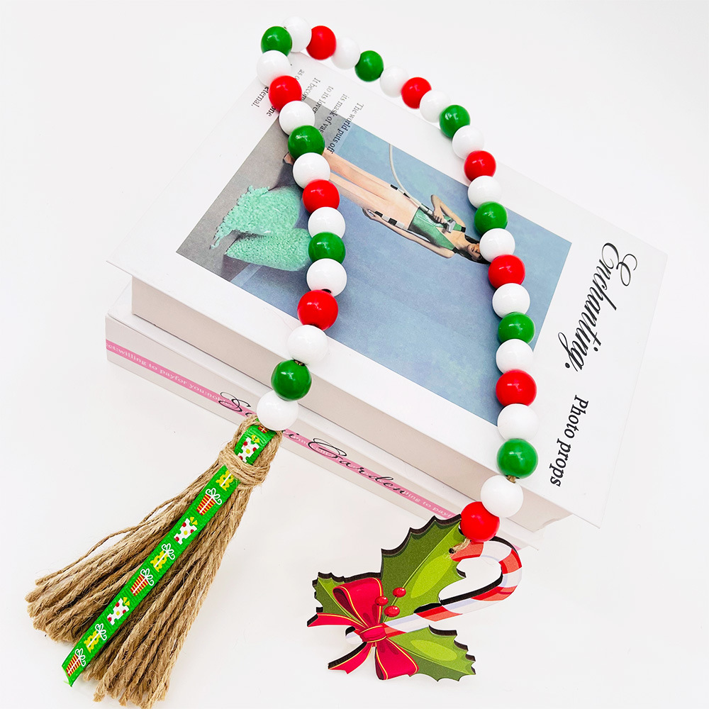 Picture of Christmas Wooden Beads Hemp Rope Tassel Beads Christmas New Wooden Pendant Wooden Ornaments Tray Decoration