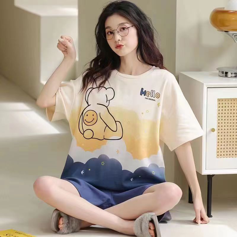 2024 new pajamas women's summer thin short-sleeved cartoon girl student round neck summer outdoor homewear