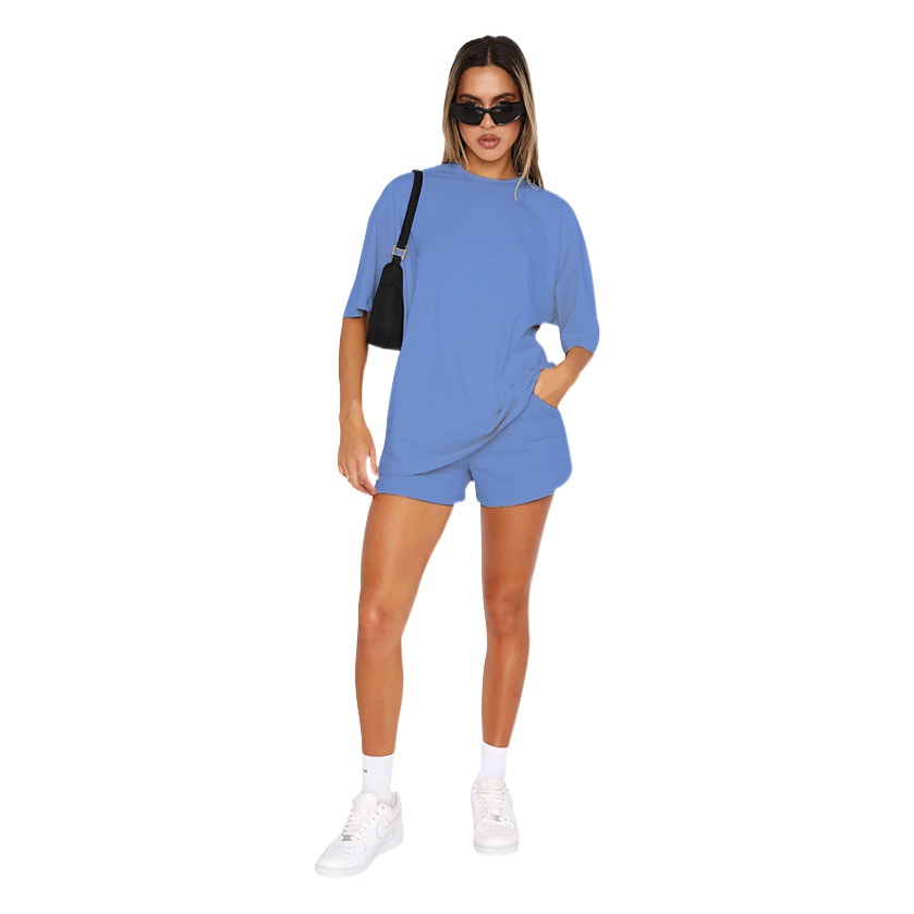 211299 New Polyester Cotton Pure Color Round Neck Pullover Mid-Sleeve Top European and American Fashion Casual Shorts Suit Summer