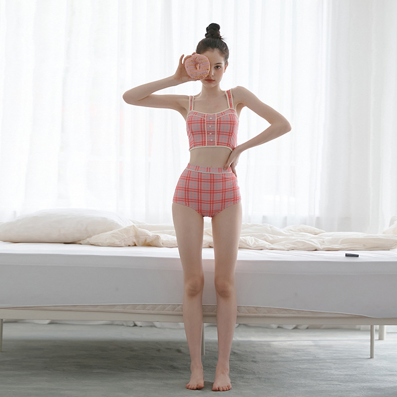2023 New Korean Style Split Swimsuit Girl's Fresh Style Plaid High Waist Belly Covering Slimming Hot Spring Holiday Bikini