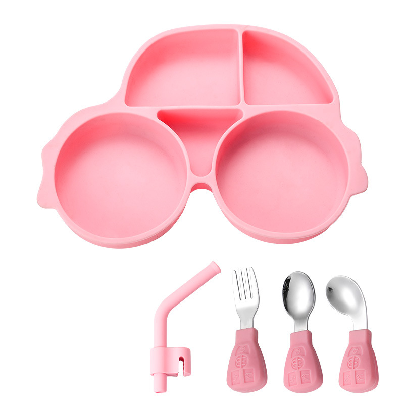 Picture of Amazon Cartoon Children's Car Silicone Dinner Plate 304 Stainless Steel Spoon Fork Gift Baby Learning Dining Tableware Set