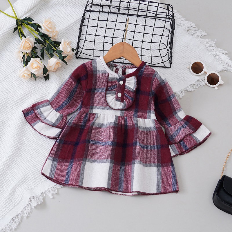 2024 Spring and Autumn long sleeve dress children's Korean-style plaid western style dress baby long sleeve ruffled dress