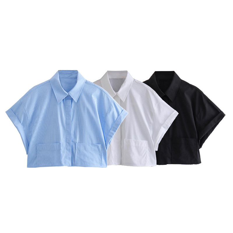 Foreign Trade 2023 European and American Summer New Fashion Versatile Lapel Short-sleeved Stripesd Flap Pocket Pants Shirt Top 3615180