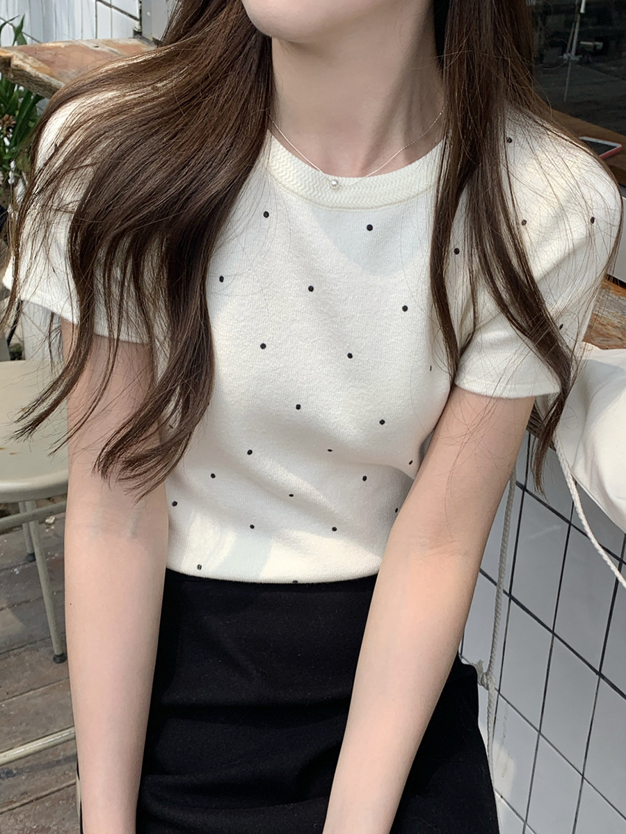 Summer New Women's Clothing French Elegant Retro Polo Dot Knitted Short-sleeved Slim-fit Slimming Inner Knitted Top