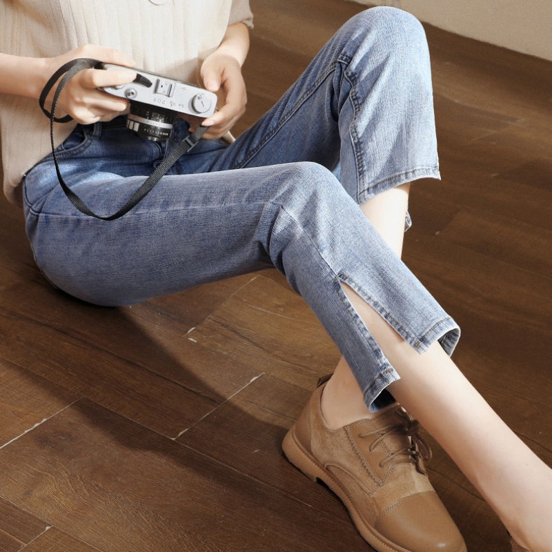 Small High Waist Split Straight Leg Jeans Women's Loose Elegant Slim-fit Black Cropped Smoke Tube Pants All-match Thin