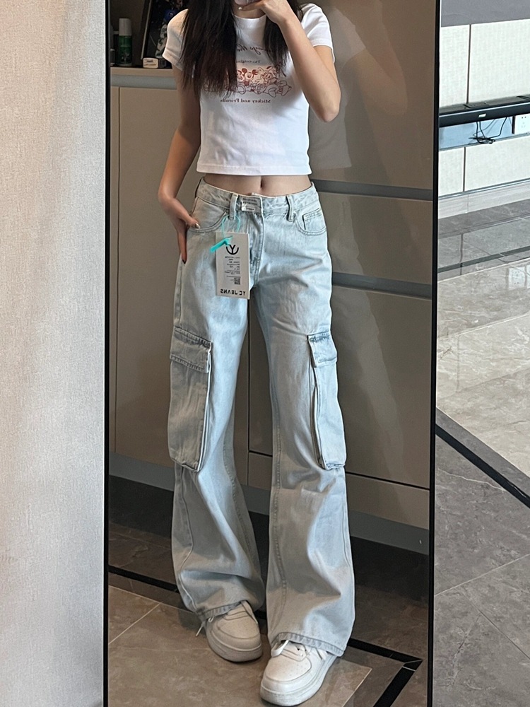 American Straight-Leg Jeans for Women 2025 Spring and Autumn High-Waisted Loose Wide-Leg Slimming Multi-Pocket Casual Cargo Pants