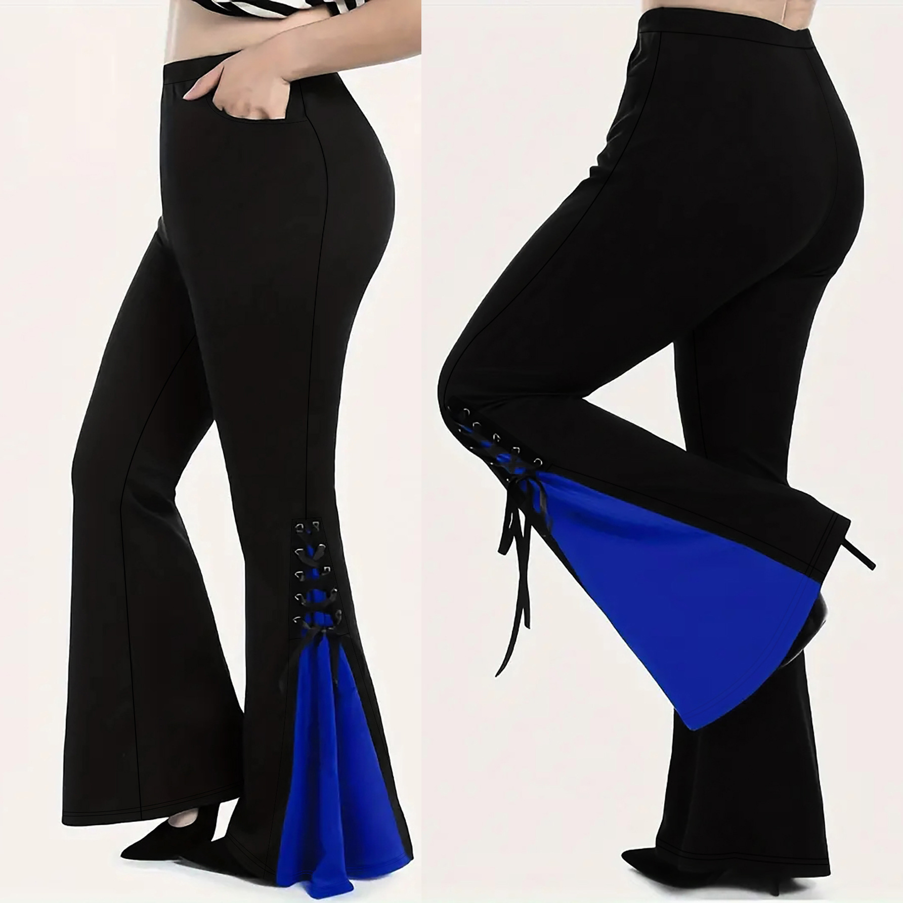Cross-border Amazon European and American Women's Spring and Summer New Elegant Blue and Black Color Lace-up Decorative plus size Flared Pants