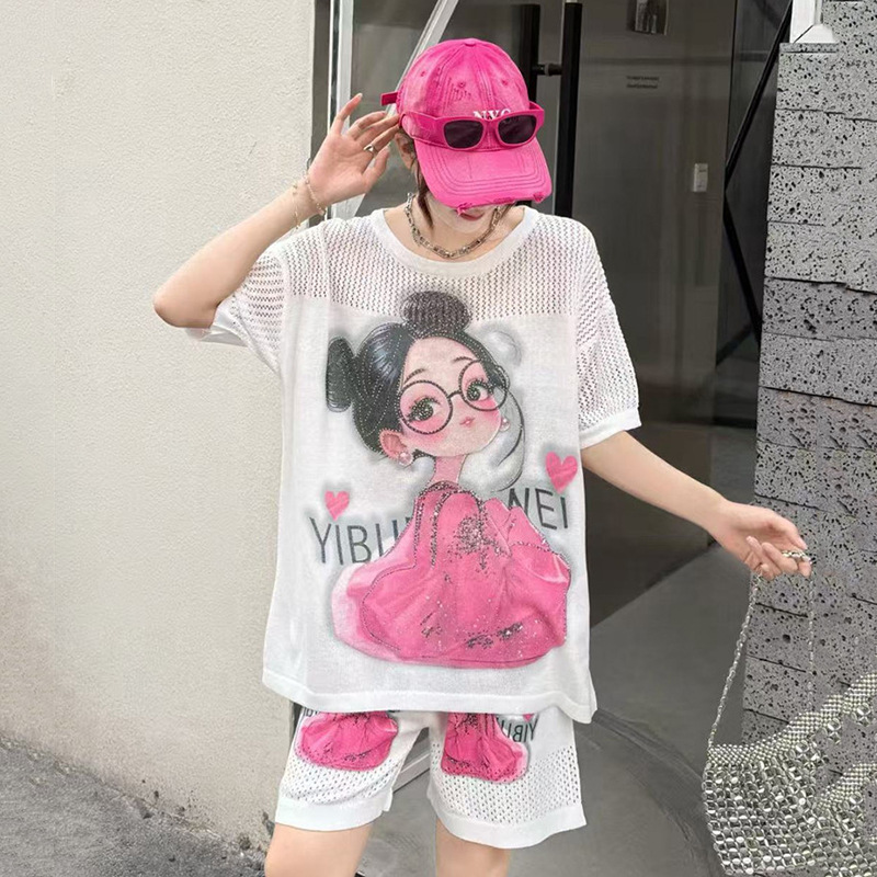 Summer New Loose Fashion Rhinestone Knit Set Eye Girl Short Sleeve T-Shirt Casual Shorts Two-Piece Set Trendy