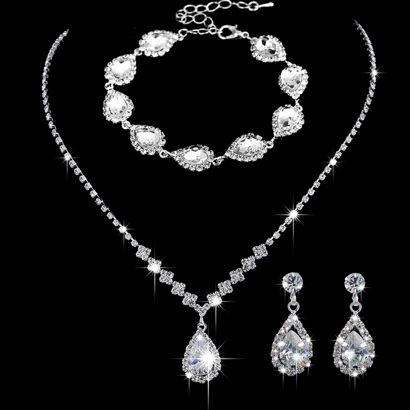Picture of Brilliant diamond zircon water drop necklace earrings bride wedding jewelry shooting jewelry set wholesale