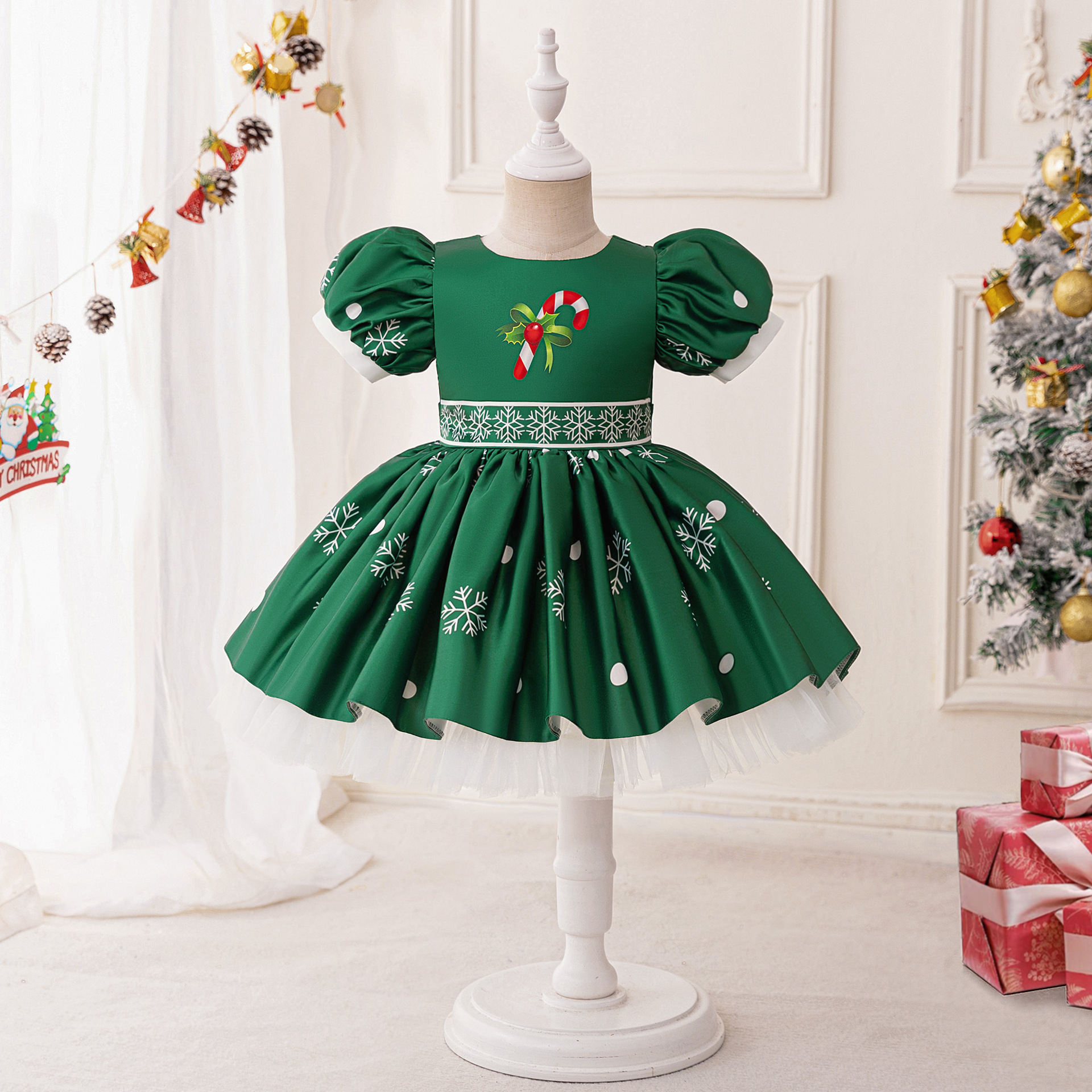 Children's Wear Girl's Princess Dress Printed Bubble Sleeve Double Layer Puffy Party Party Dress Christmas Tree Cross Border Children's Dress