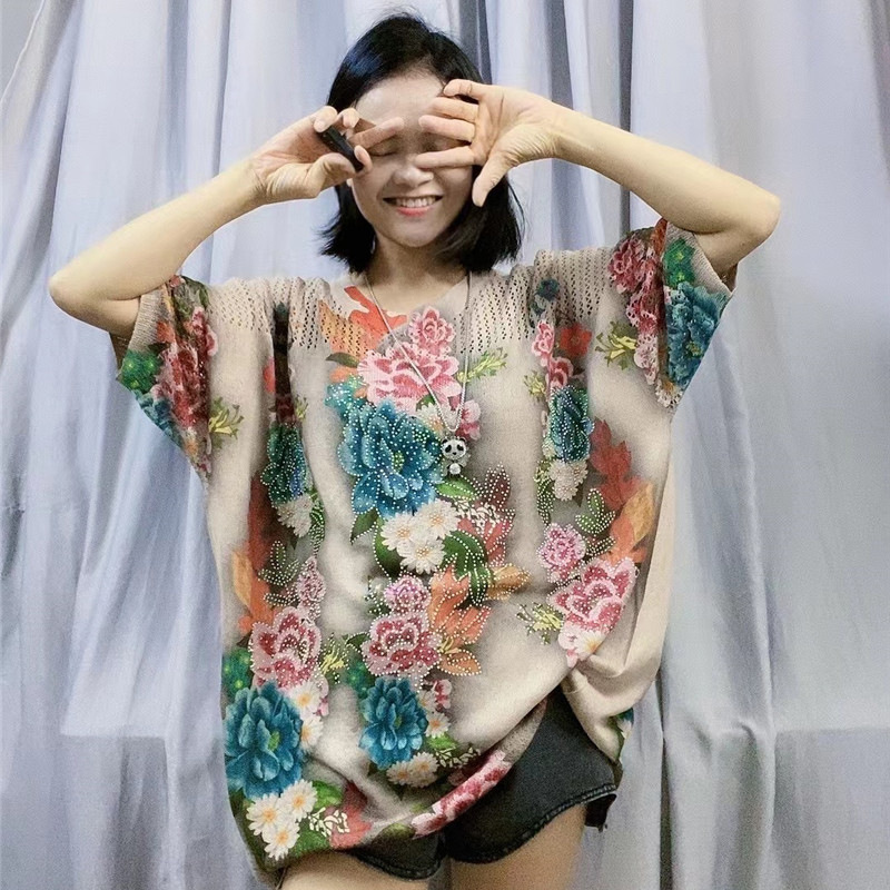 Picture of Tencel Cotton and Linen Hot Drilling T-Shirt Women's 2023 Summer New plus size 3D Mesh Printed Loose Slimming Top