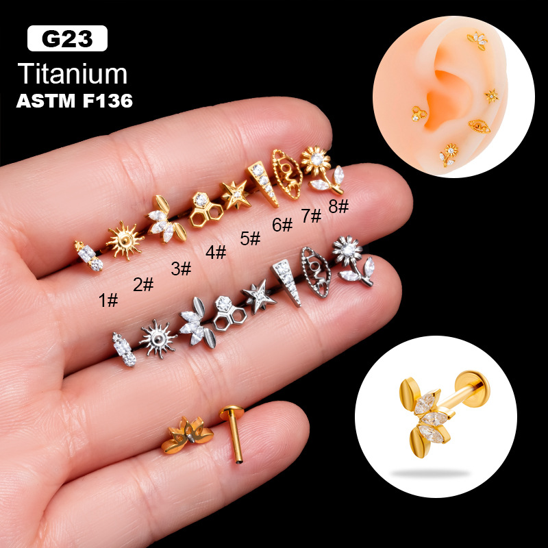 Henson new G23 titanium inlaid zircon internal teeth screw lip nail Rod ear bone nail fashion cartilage piercing earrings