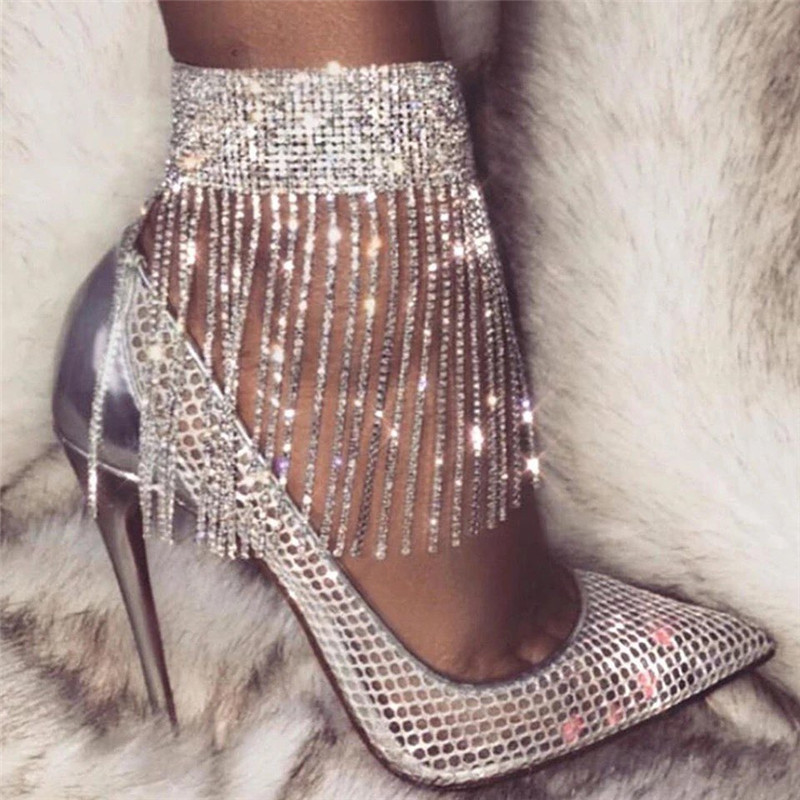 European and American silver Tassel Broadband Foot Ring Texture Bright Diamond Full Diamond Foot Jewelry Sexy High Heels Accessories Women M0018