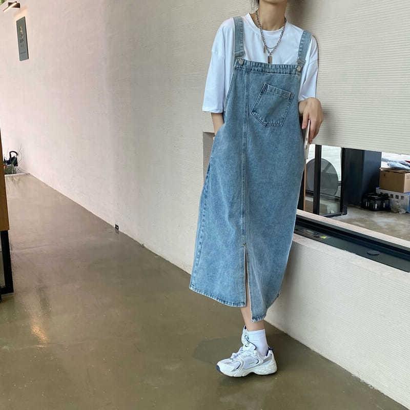 Tall Irregular Split Denim Strap Skirt Women's Summer Design Niche Loose Long Sling Skirt