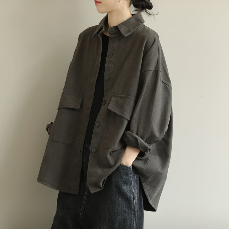 Autumn 2021 Korean Style Large Size Loose Long-sleeved Cardigan Jacket Clear Color Lapel All-match Casual Pocket Shirt Jacket