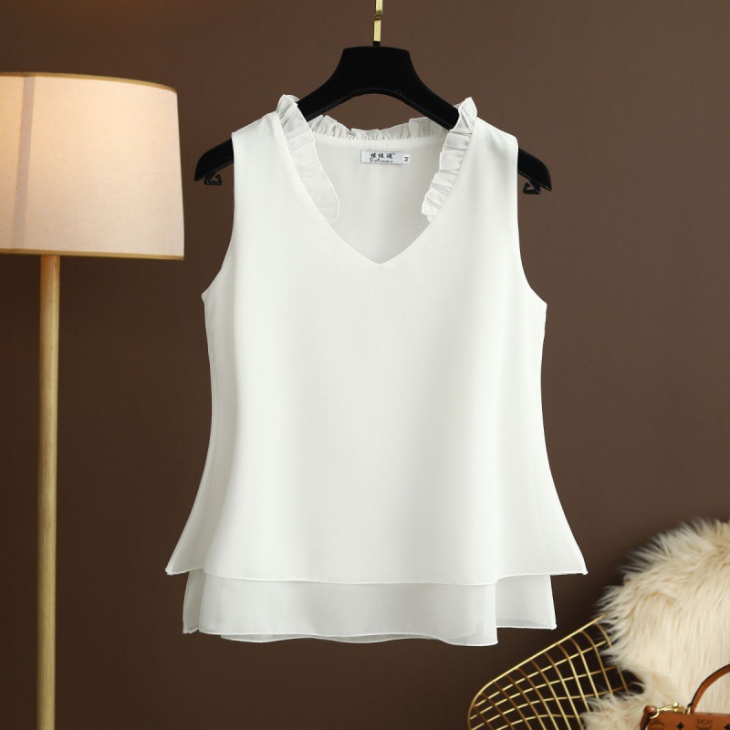 Plus Size Women's Clothing 2024 Summer Lotus Leaf V Neck Double Layer Chiffon Shirt Loose and Versatile Bottoming Top Sleeveless Vest for Women