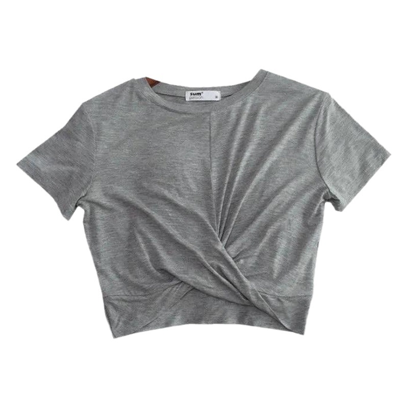Summer Korean Style New Knot Short Loose Sports Casual T-shirt Women's Fitness Short Sleeve Navel Slimming Top Trendy