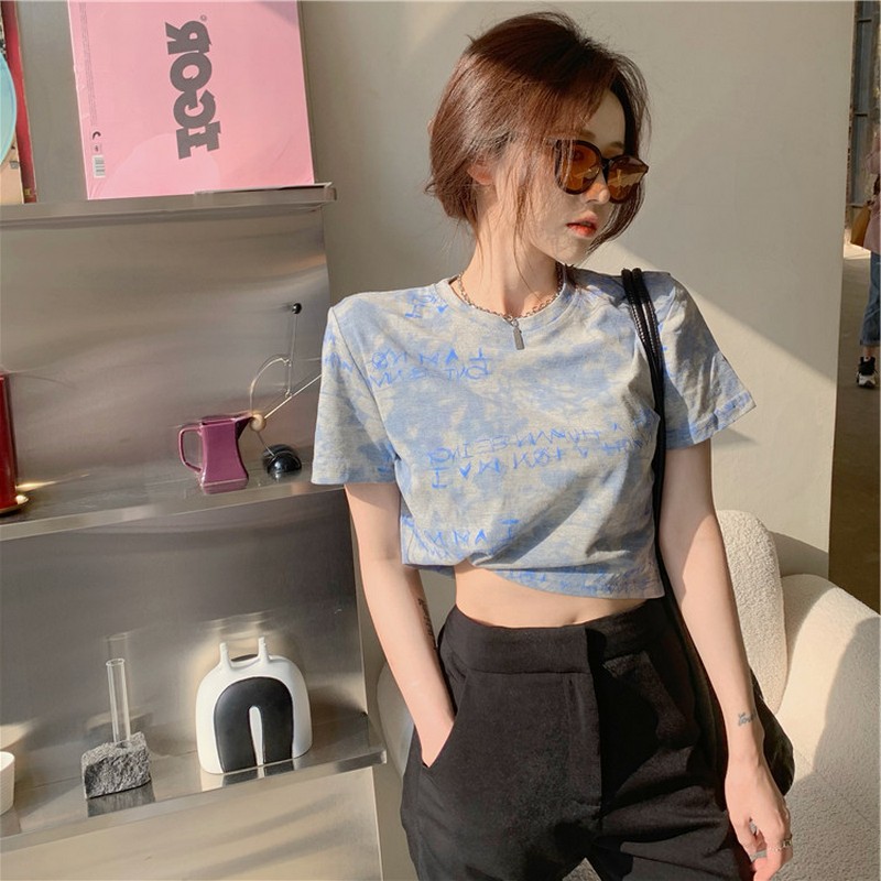Internet Celebrity Tie-Dye Short-Sleeved T-Shirt for Women Loose Summer 2025 New Korean Style High-Waisted Navel-Baring Short Top for Women