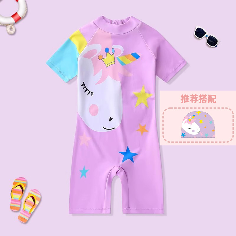 Picture of 2024 Girls' Swimsuit Cartoon Short Sleeve Children's One-Piece Swimwear for Ages 3-6 Boys' Swimwear Set with Cartoon Swim Cap