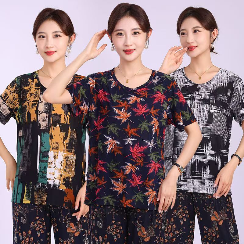 Middle-aged summer short-sleeved women's T-shirt mother outfit for the elderly loose elastic casual round neck plus size ice silk wholesale