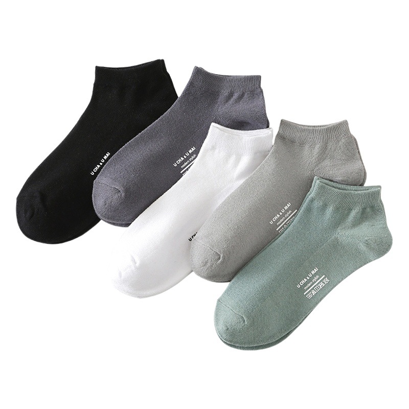 Solid color boat socks men's spring and summer low socks cotton men's socks hot stamping breathable mesh sweat-absorbent deodorant short socks