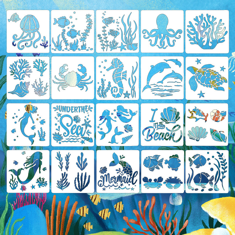 Cross-border ocean hollow painting template DIY painting mold mermaid shell plastic pet template Yiwu Wholesale