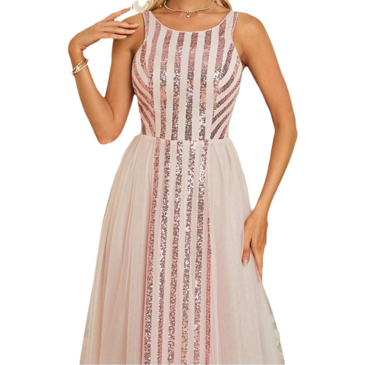 Evening dress striped sequined stitching mesh back strap A swing dance dress party dress bridesmaid dress one-piece delivery