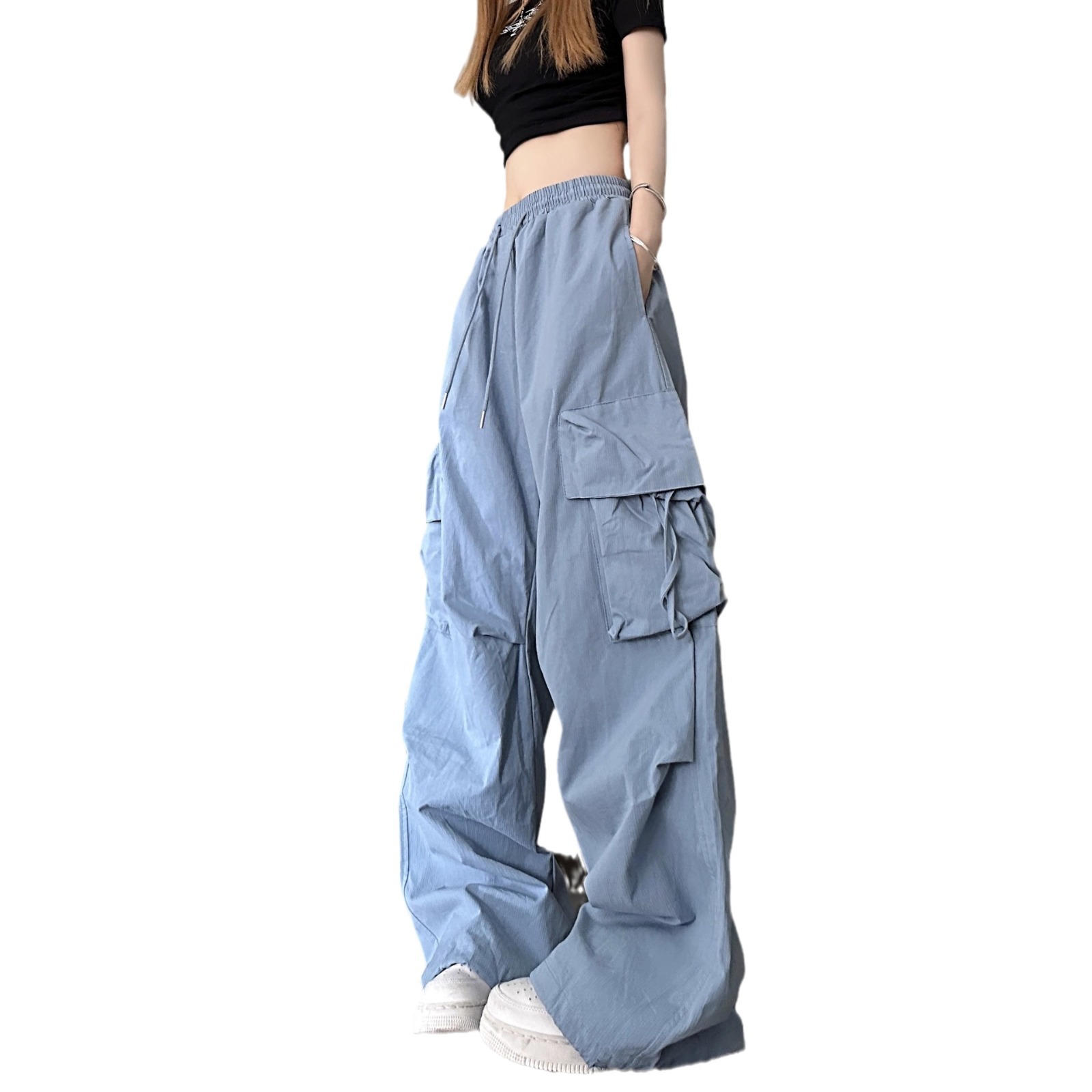 Picture of American retro quick-drying overalls women's three-dimensional pocket high waist straight wide leg ribbon loose casual mopping trousers