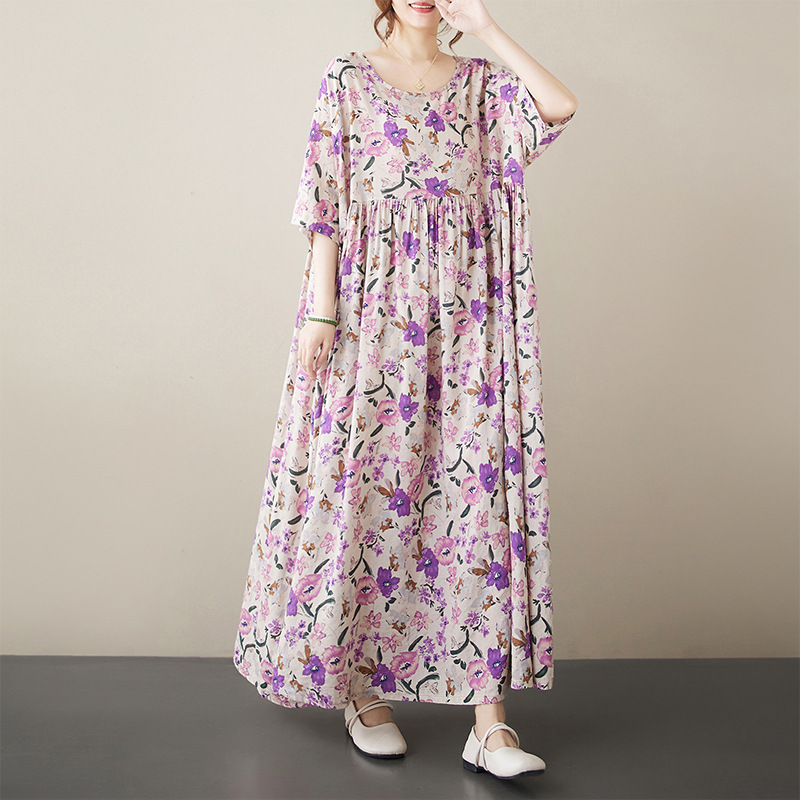 2025 Summer New Plus Size Women's Clothing Literary Retro Age-Reducing Round Neck Short-Sleeved Mother's Clothing Export Large Swing Dress