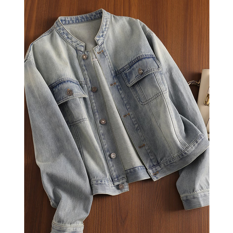 Liang Yixuan American Style Retro Loose Casual Light Color Round Neck Pure Cotton Jacket Denim Short Coat Women's Spring New