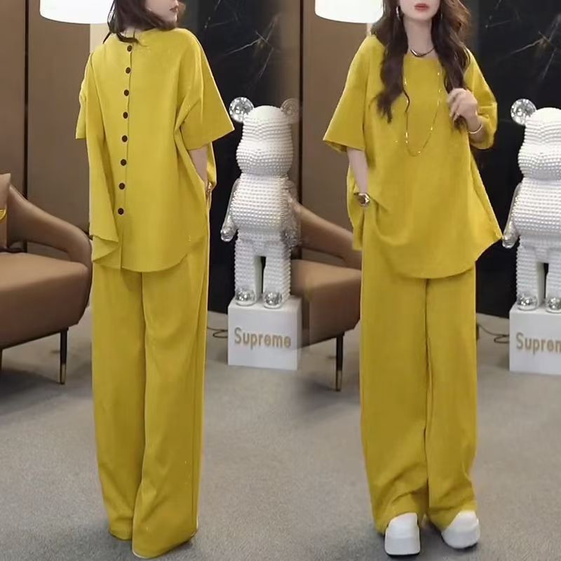 Summer new four-color plus size women's sequins a set of Korean-style slim round neck high waist wide leg pants two-piece set for women