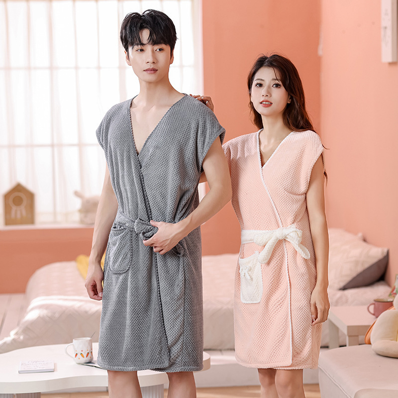 Picture of Manufacturer Wholesale Soft Coral Velvet Casual Bathrobe Household Absorbent Pineapple Plaid Strap Bath Towel Home Ladies Bath Skirt