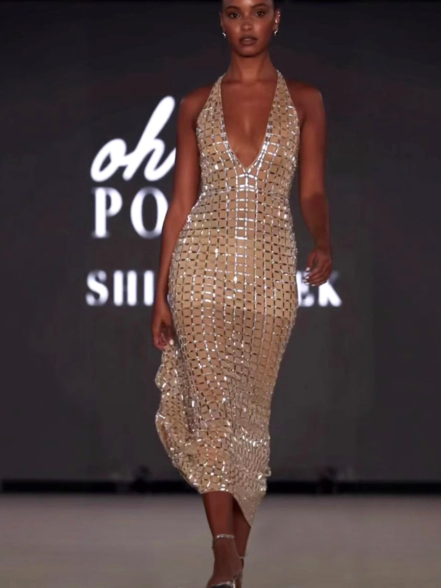 European and American Amazon Women's Fashion New Sexy Backless Rhinestone Strap Bodycon Dress with Deep V-Neck