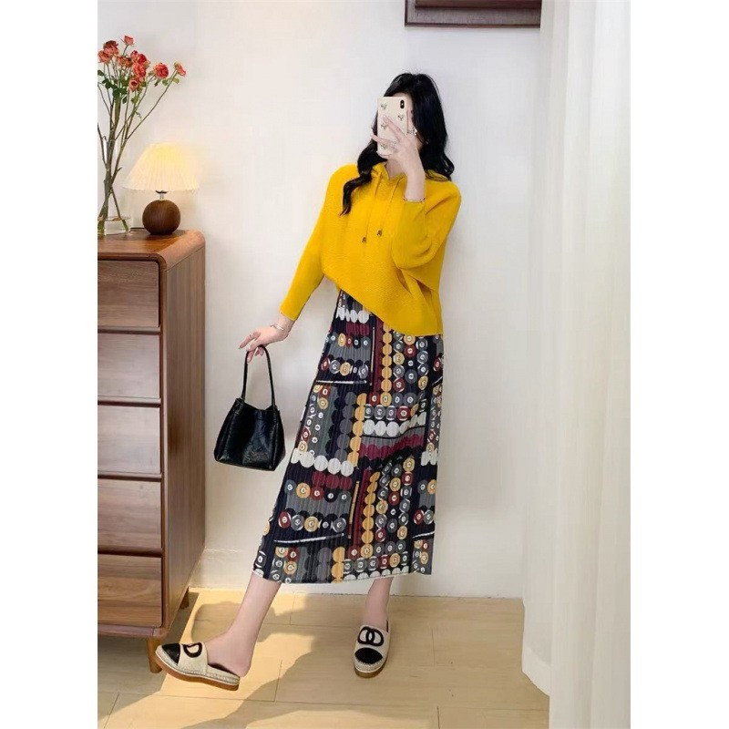 Miyake Design Niche Retro Printed Skirt Women's Summer Temperament Versatile Casual Slimming Mid-Length Skirt