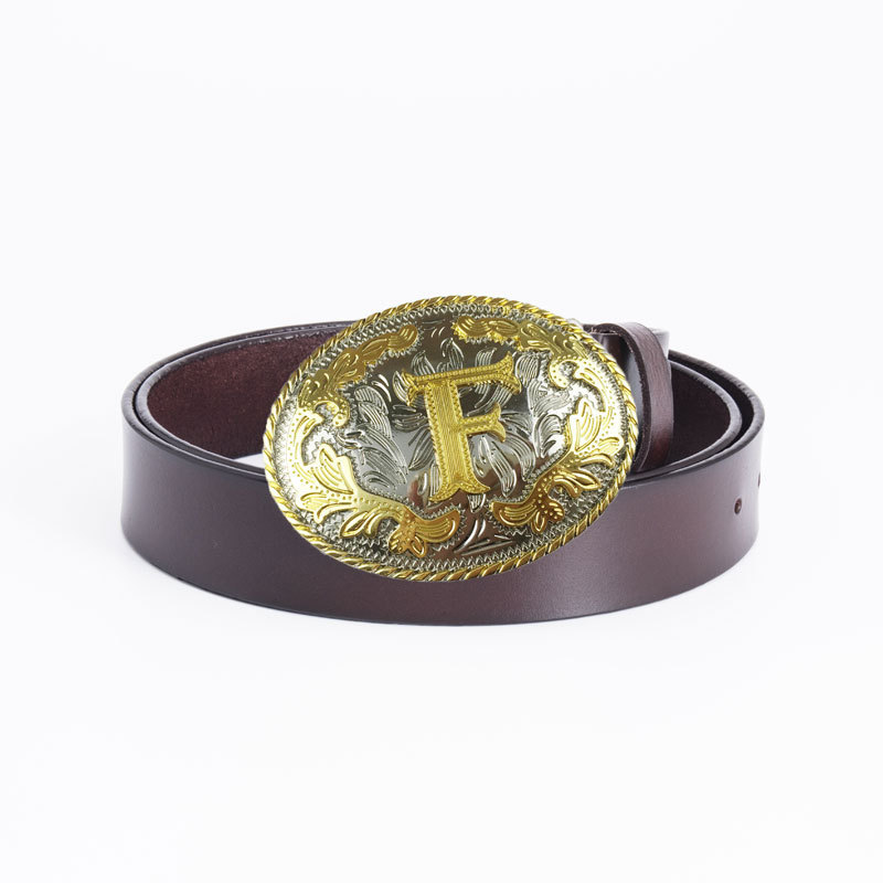 Picture of Golden men's belt whole two-layer cowhide fashion retro perforated belt buckle 3.8cm wide cross-border e-commerce