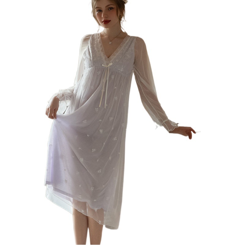 Summer Fairy Style Ultra-thin Mesh Cotton Double-layer Long-sleeved Long Dress Pajamas Women's Loose plus size Pregnant Women's Sexy Nightgown