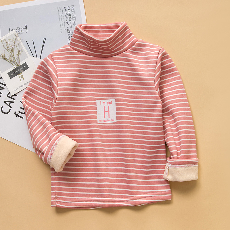 Picture of 2025 Kidsren's Bottoming Shirt Half Turtleneck Fleece-Lined Stripesd Long-Sleeved Warm Top for Boys and Girls Trbottomy Korean Style Autumn and Winter Kidsren's Clothing