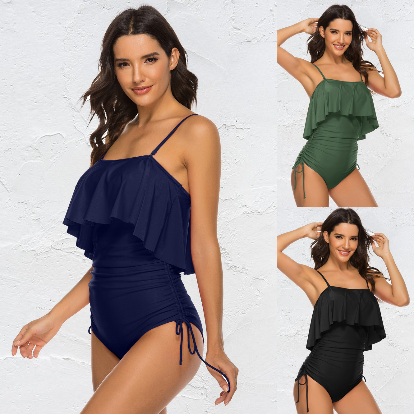 2025 European and American Pure Color Girly Sexy Shoulder Straps Large Ruffled One-Piece Triangle Swimsuit for Women Wholesale in Stock