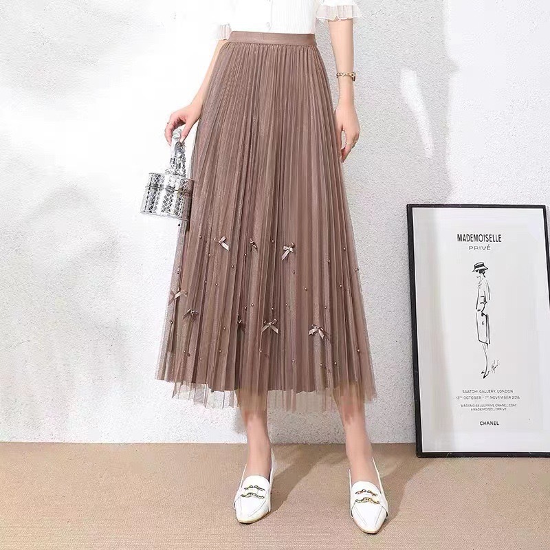 Drapey Mesh Gentle Elegant Bow Beaded Mesh Pleated Skirt 2024 Spring and Summer New Skirt