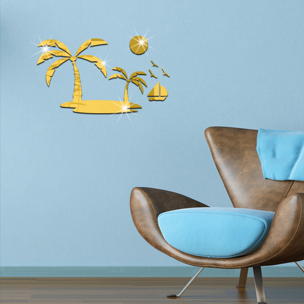 Foreign Trade Coconut Tree Island Mirror Wall Stickers Living Room Bedroom Home Decoration Acrylic Mirror Wall Sticker 361219