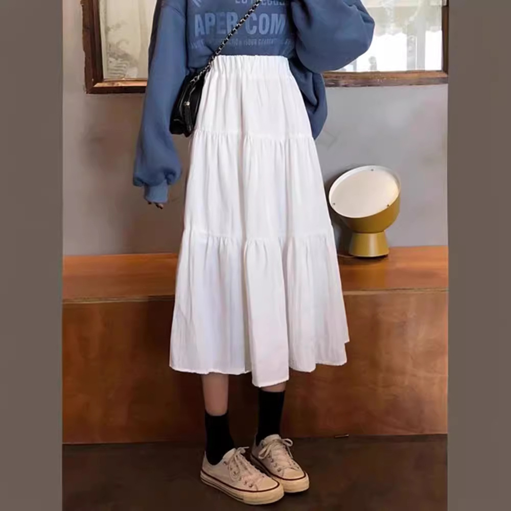 2025 New White Midi Skirt for Women, Summer Casual Petite Mid-Length Cake Dress, A-Line Pencil Skirt