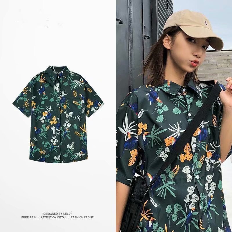 2025 New Loose Floral Shirt Women's Niche Top Printed Hong Kong Style Retro Short Sleeve Summer Beach Vacation Shirt