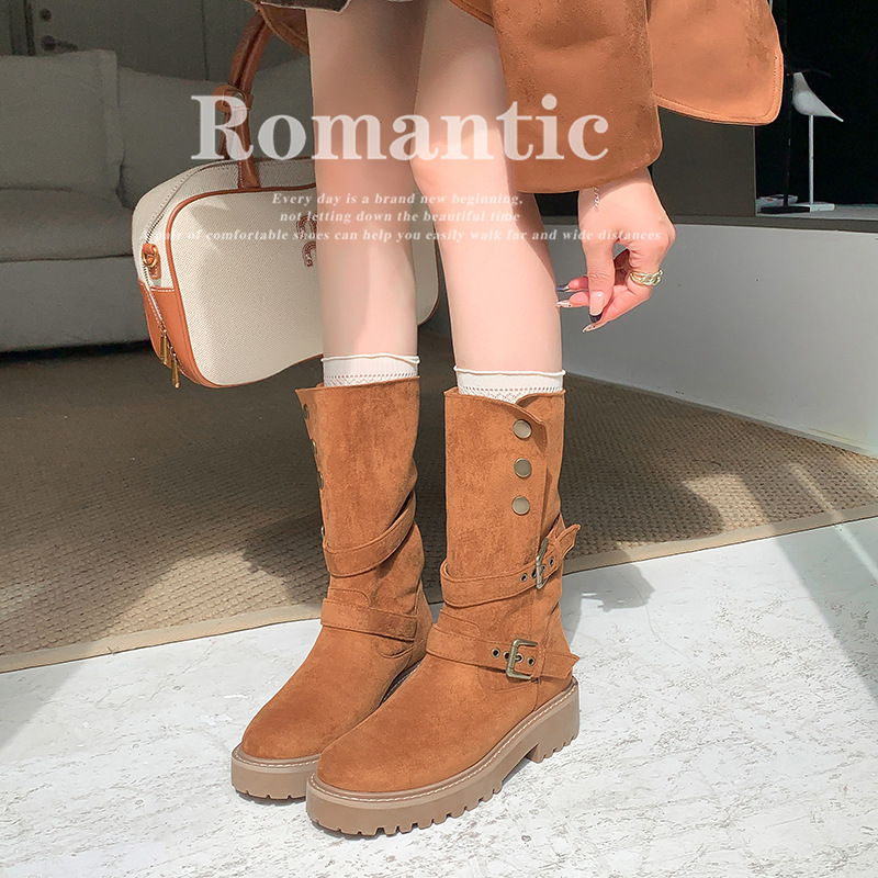 Autumn and Winter New Arrival Lamb Wool Folding Two-Wearing Thick-Heeled Thick-soled Motorcycle Ankle Boots British Mid-barrel Slim Look Martin Boots Women