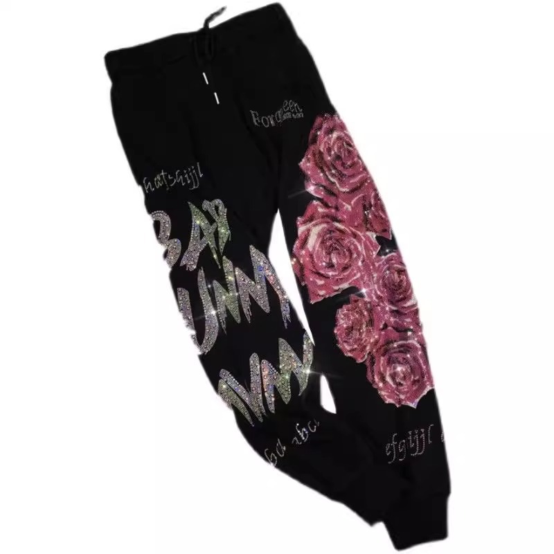 Picture of Extras Size 1.00 kg-150.00 kg Chubby M New Arrival Heavy Industry Hot Drilling Pants Women's Light Luxury Flower High Waist Slimming Leg Sports Pants