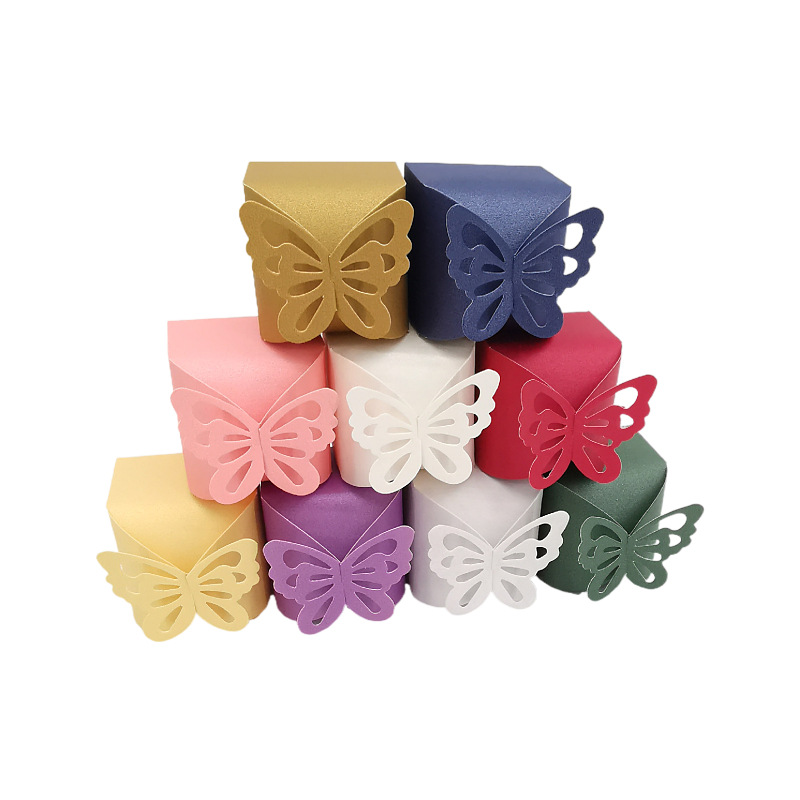 Picture of Wedding candy box hollow butterfly candy paper box square simple pearl paper gift box golden pink paper box