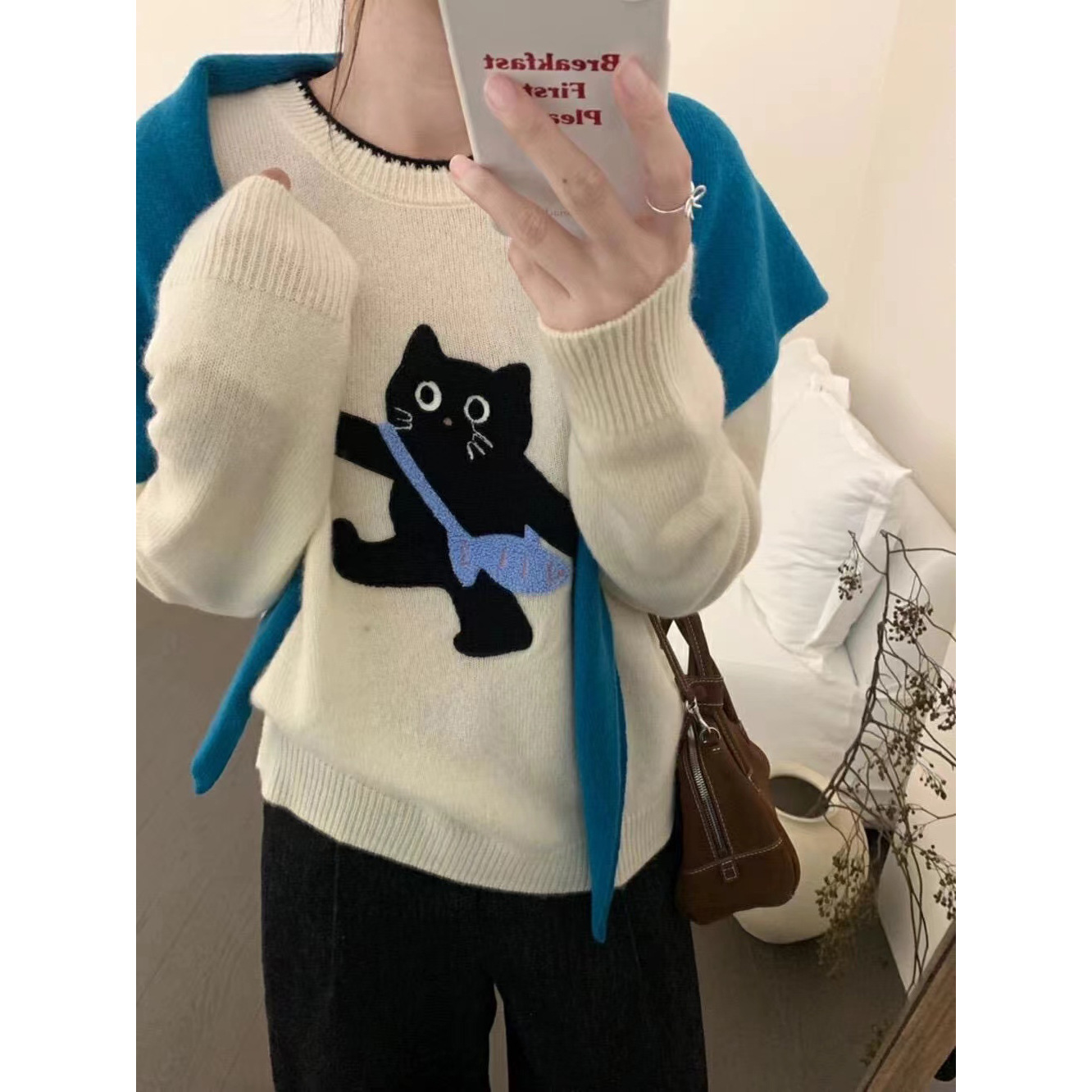 Korean Style Retro Kitten Jacquard Sweater Women's 2024 Autumn and Winter New Simple Inner Base Shirt Long Sleeve Top